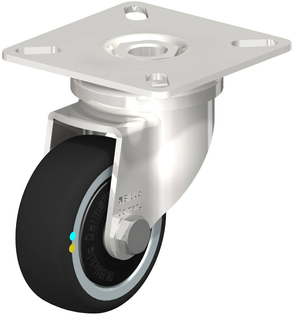 Metall-Rollenlager mit schwarzem Rad und rechteckiger Montageplatte; geeignet für industrielle Anwendungen zur Bewegung von Geräten.