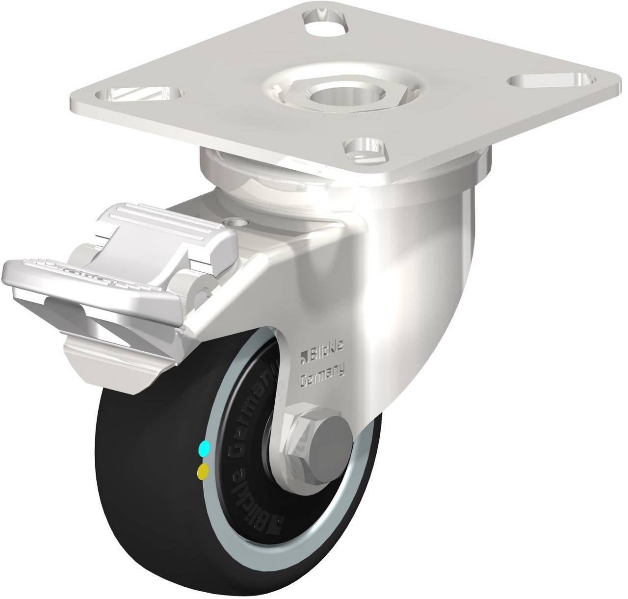 Schwenkrolle aus Metall mit schwarzem Rad und Befestigungsplatte, geeignet für Möbel oder Industrieanwendungen.