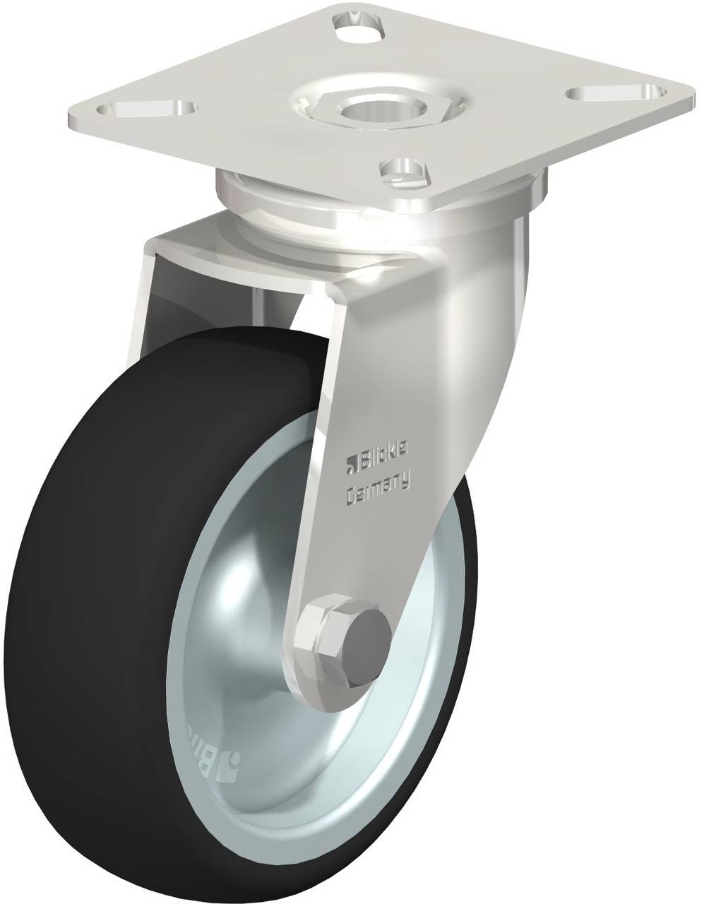 Schwenkrolle mit schwarzem Rad und silbernem Metallgehäuse, geeignet für industrielle Anwendungen.