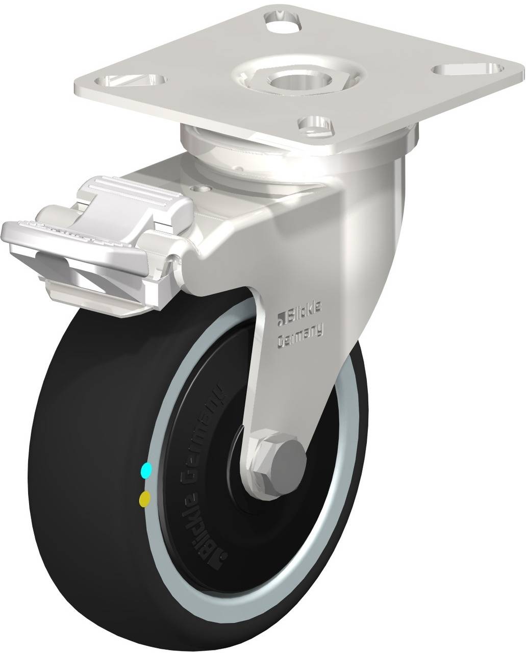 Metallisches Lenkrollenrad mit schwarzem Reifen; robuste Konstruktion. Geeignet für Schwerlastmaterialien in Industrieanwendungen.