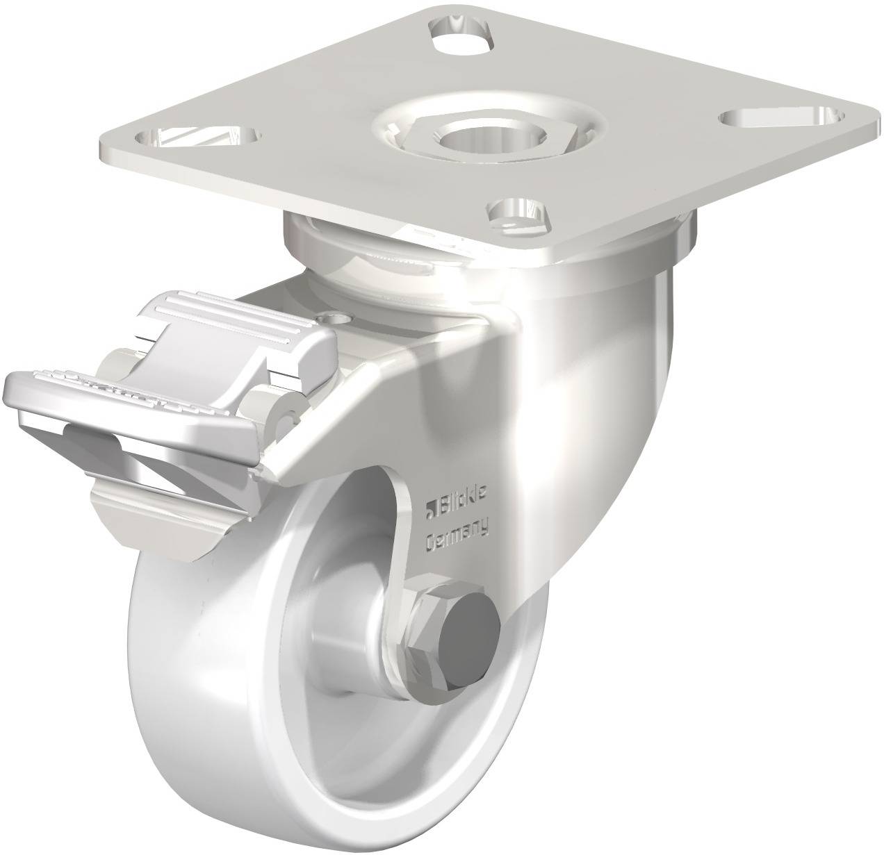 Eine Metall-Stopp-Rolle mit rechteckiger Montageplatte, geeignet für Möbel oder Geräte, zeigt die Befestigungsmöglichkeit und Drehmechanismus.