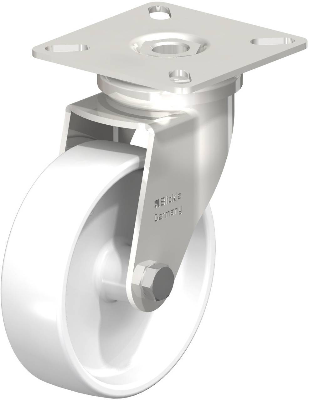 Metall-Transportrolle mit hellweißem Rad und quadratischer Montageplatte. Geeignet für Industrie- oder Möbelanwendungen.