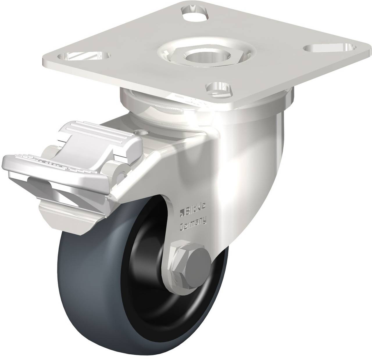 Eine schwenkbare Lenkrolle mit Bremse, befestigbare Metallplatte oben, schwarzes Rad unten. Geeignet für Möbel oder Geräte.