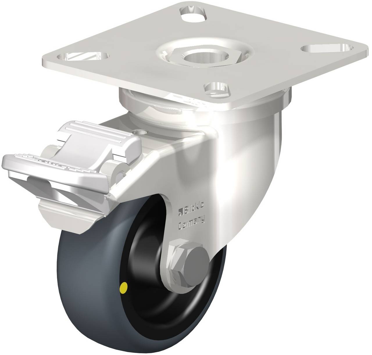 Rollenlager aus Metall mit schwarzem Rad und rechteckiger Montageplatte, geeignet für Transportgeräte oder Schwerlastanwendungen.