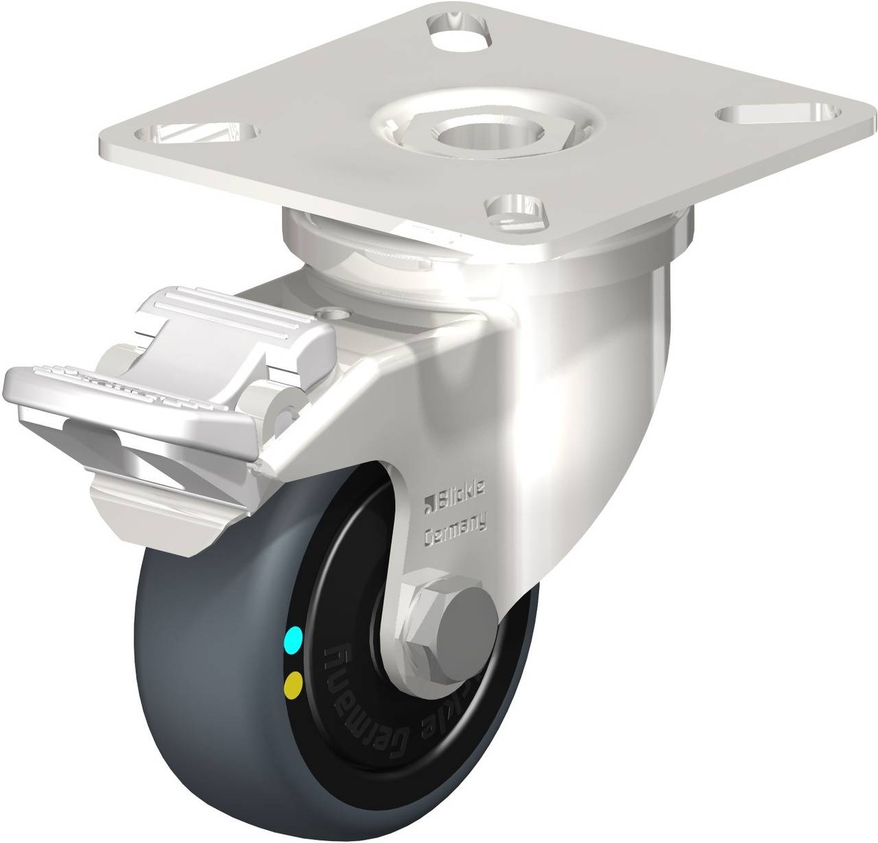 Schwenkrolle aus Metall mit schwarzem Rad und Montagesockel, geeignet für Möbel oder Wagen.