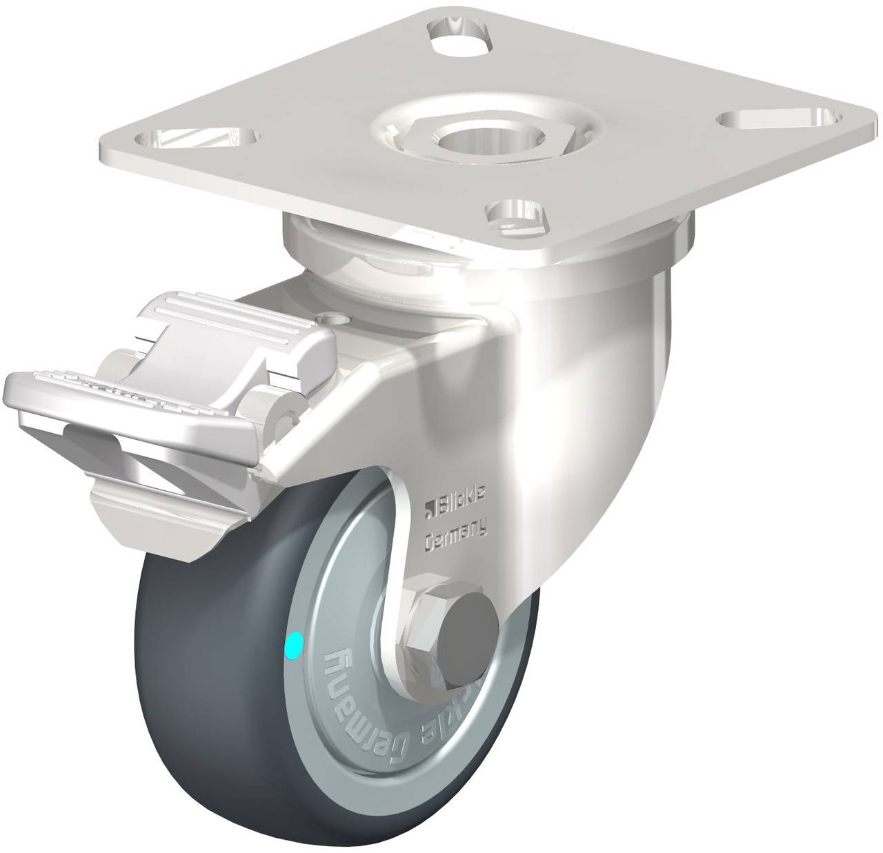 Industrielle Laufrolle mit Bremse, aus Metall und Kunststoff, zur Befestigung an der Unterseite von Transportgeräten oder Möbeln.