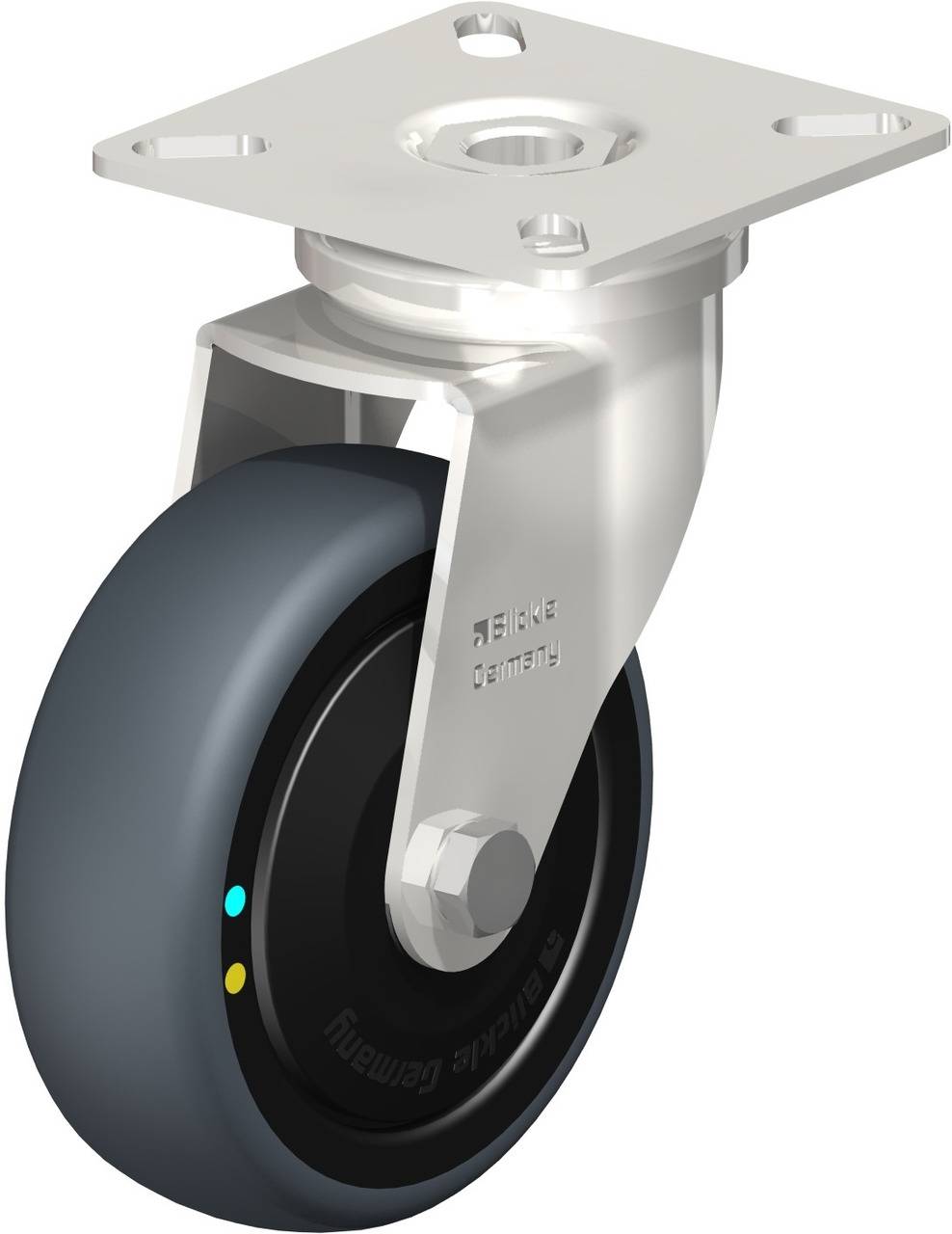 Eine Rolle mit grauem Rad und Metallhalterung, geeignet für Möbel oder Geräte.