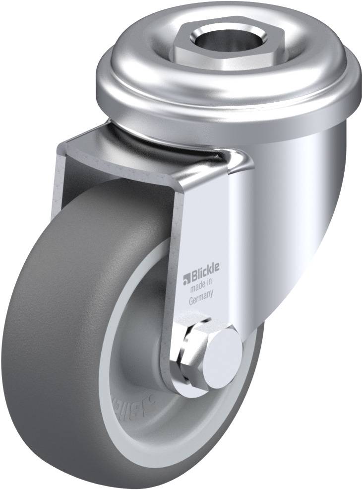 Schwenkrolle mit grauem Rad, Metallgehäuse und Schraubverbindung oben. Markiert mit 'Blickle made in Germany'.