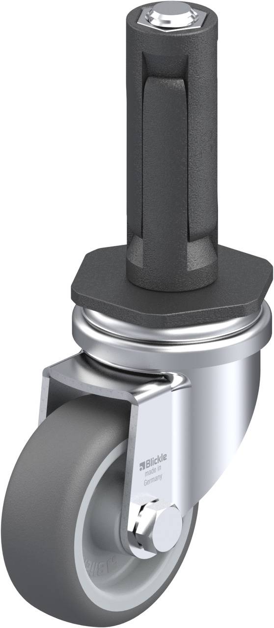 Industrie-Schwenkrolle mit grauem Rad und schwarzem Gehäuse, oben ein Befestigungszapfen mit Sechskantkopf. Geeignet für Gerätebewegung.
