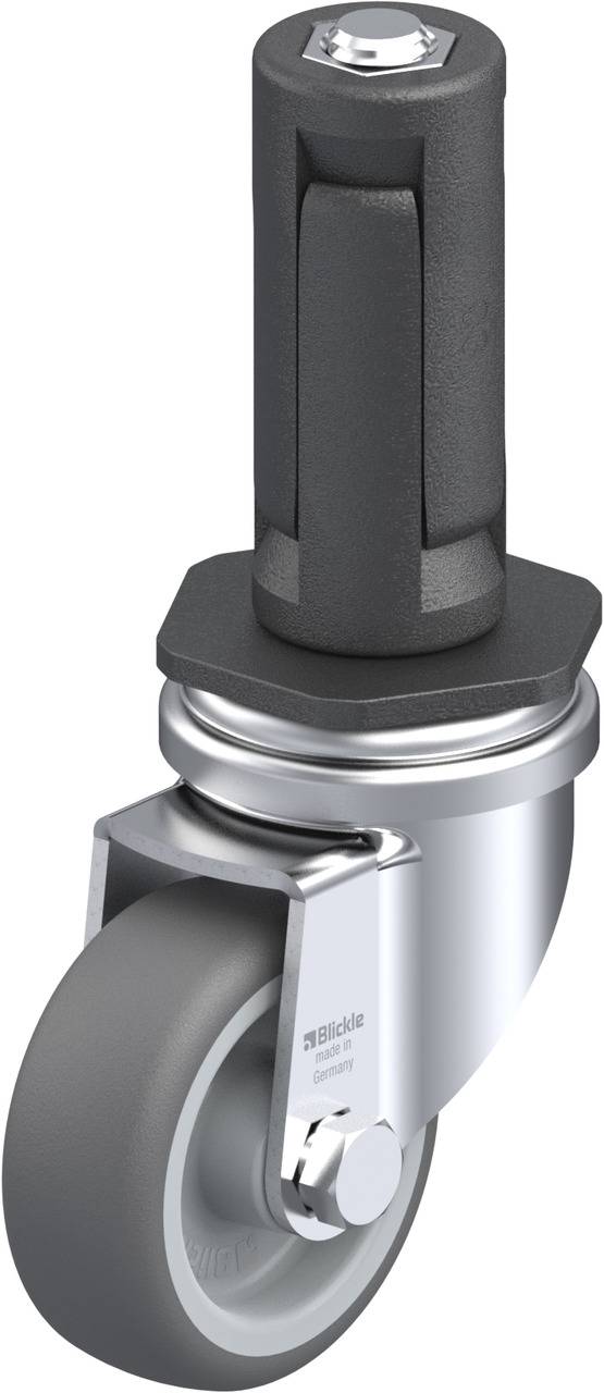Schwenkrolle aus Metall mit grauem Rad, geeignet für leichte Transportgeräte.