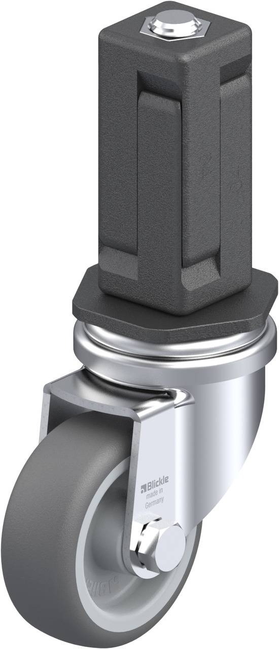 Schwenkrolle mit grauem Rad und schwarzem Metallgehäuse, geeignet für industrielle Anwendungen.
