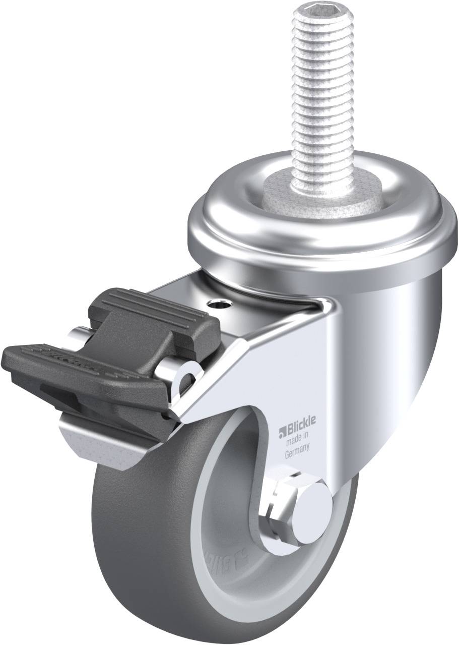 Drehbare Rolle mit Bremsmechanismus und Metallgewinde. Geeignet zur Befestigung an Möbeln oder Geräten für Beweglichkeit und Stabilität.