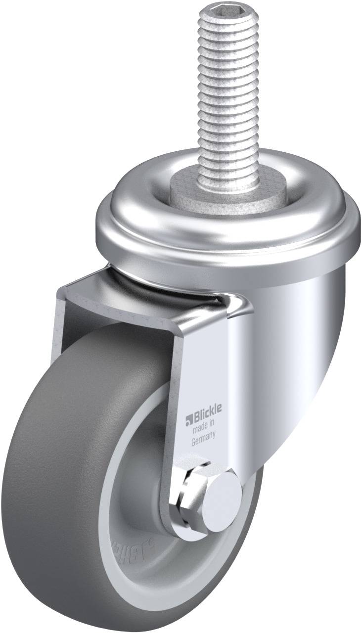 Metallisches Lenkrolle mit grauem Rad und Gewindebolzen, geeignet für Möbelschutz. Ideal für Möbel- und Gerätebeweglichkeit.