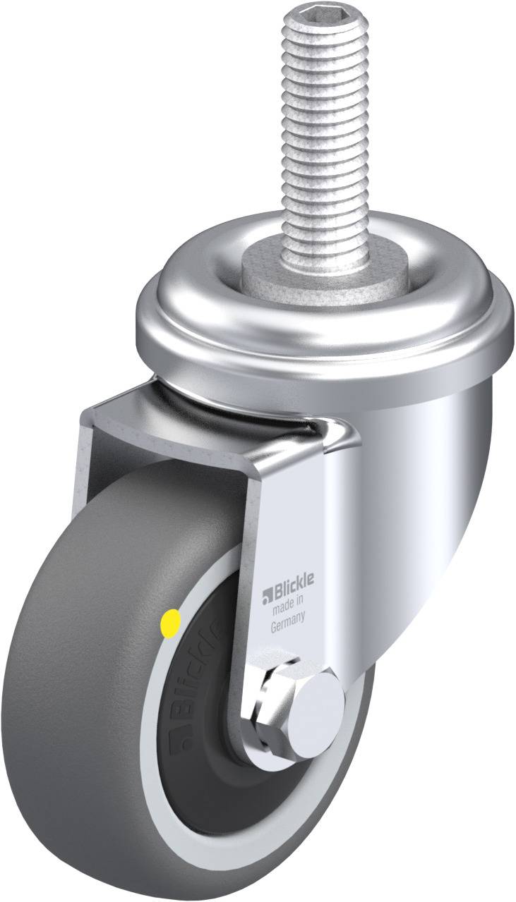 Lenkrolle mit grauem Gummireifen und silbernem Metallgehäuse, Gewindestift oben zur Montage.