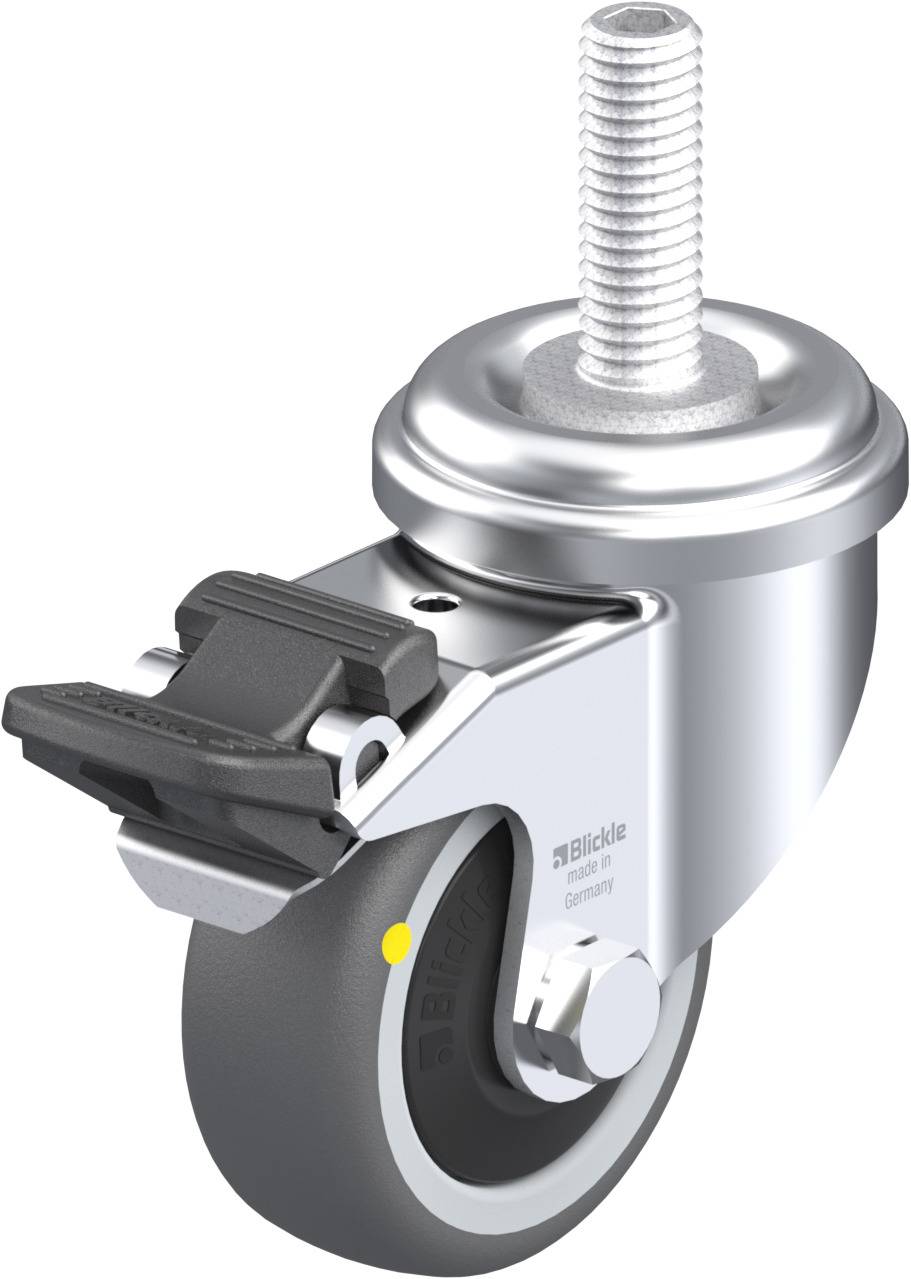 Lenkrolle mit silbernem Gehäuse und schwarzem Rad, zeigt integrierte Befestigungsschraube und Bremsmechanismus.