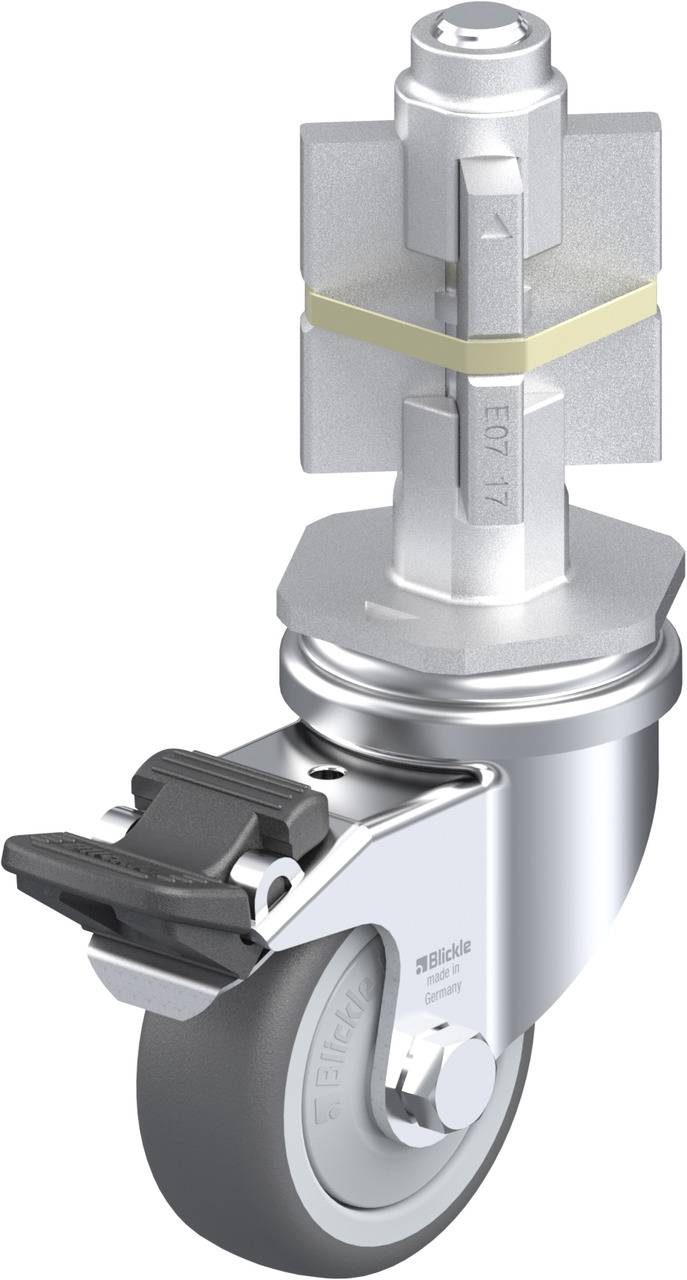 Ein einzelnes Lenkrollenrad aus Metall mit grauer Gummilauffläche, glänzendem Gehäuse und Drehgelenk, geeignet für Möbel oder Geräte.