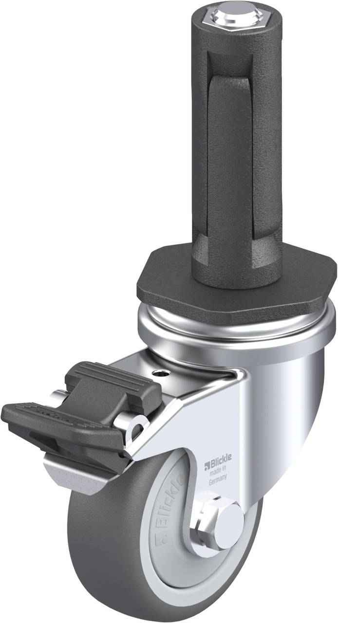 Schwenkrolle mit grauem Rad und schwarzer Bremse, geeignet für Möbel oder Transportwagen; Modell 'Blickle' erkennbar auf dem Gehäuse.