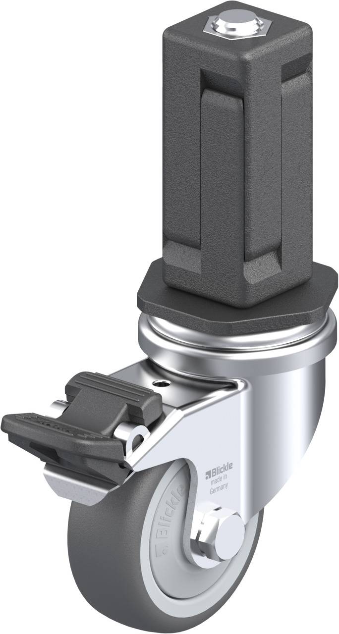 Industrie-Rolle mit Metallkonstruktion. Quadratische Befestigung oben, graues gummiertes Rad und Bremse im Vordergrund.