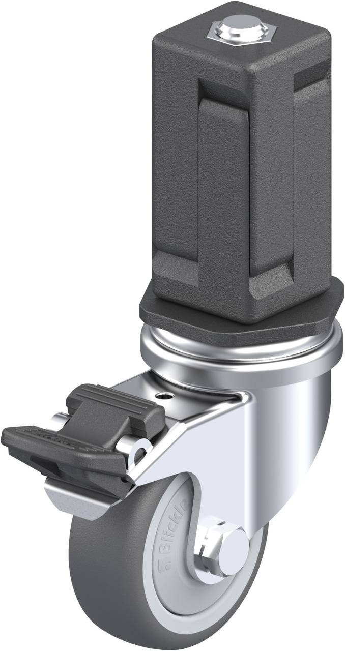 Graue Lenkrolle mit schwarz-grauer Halterung und Metallplatte. Sie ist schwenkbar und verfügt über eine Bremse vorne.