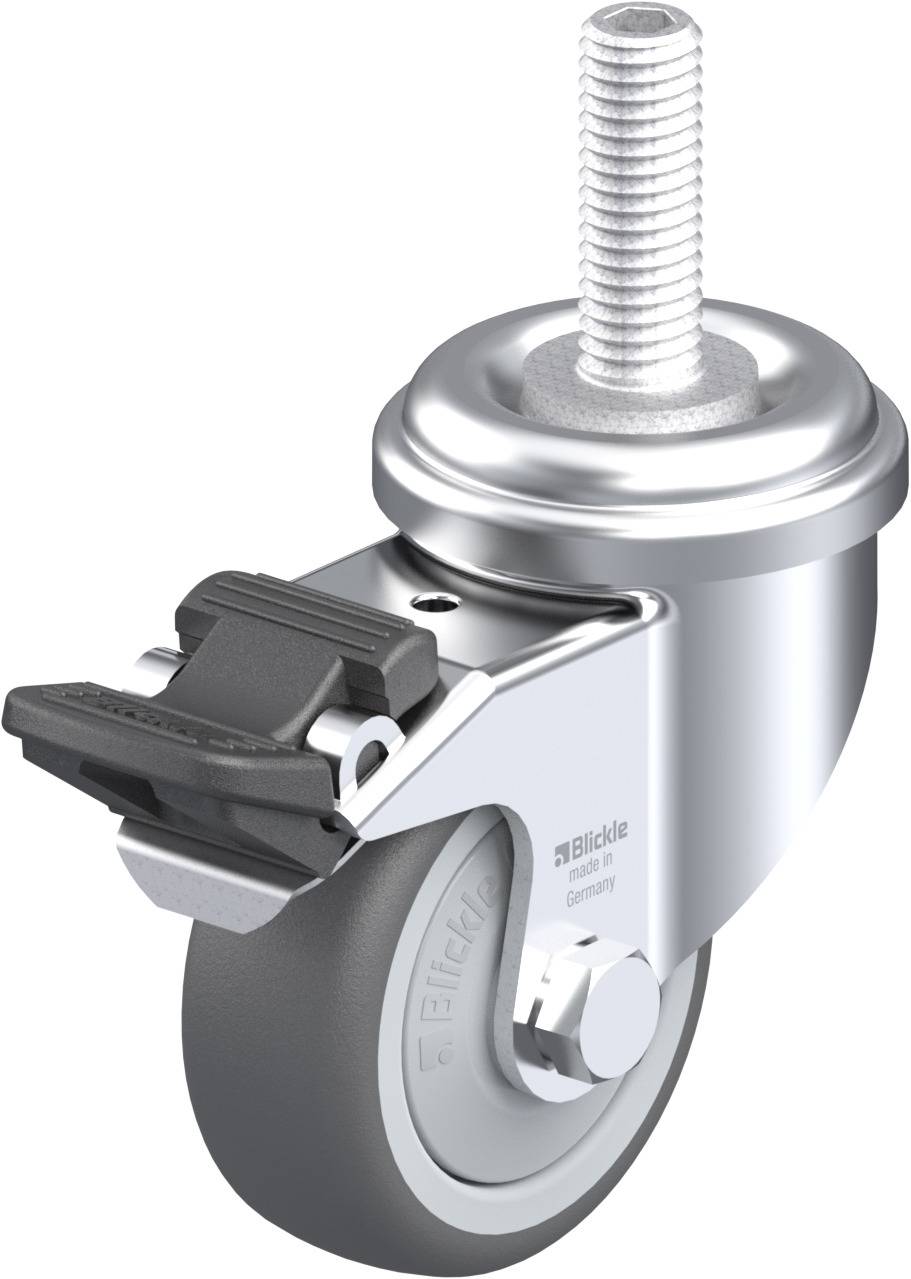 Rollenrolle mit Gewindestift aus Metall, grauer Gummireifen und einem Feststellhebel. Modell 'Blickle'.