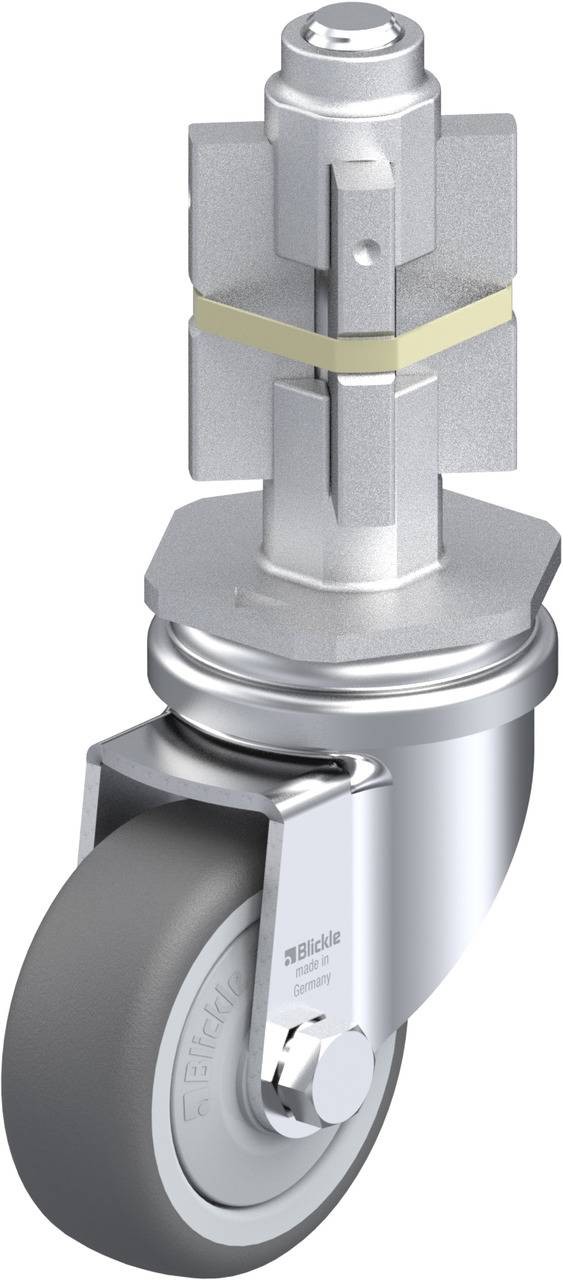 Metallische Lenkrolle mit grauem Rad und drehbarem Gehäuse. Dient zur einfachen Bewegung von Objekten.