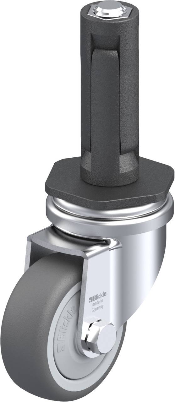 Darstellung einer grauen Lenkrolle mit festem Metallgehäuse und schwarzem Halter, geeignet für den Einsatz in Möbel- oder Industrieanwendungen.