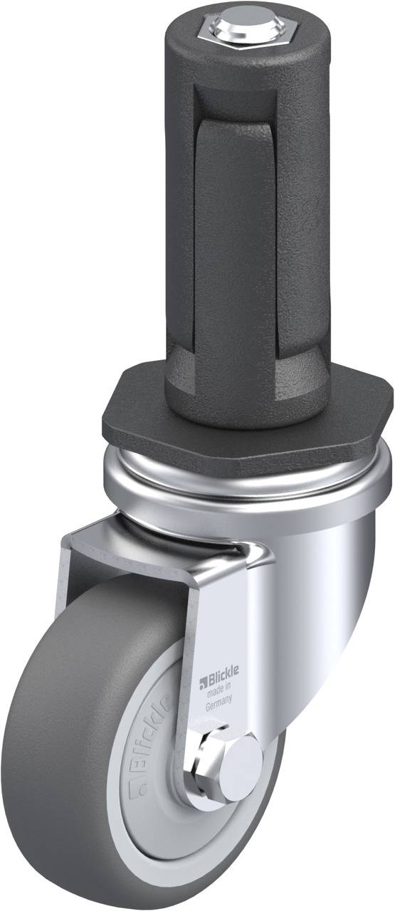 Eine graue, drehbare Industrie-Rolle mit einem schwarzen Metallträger. Sie ist robust konstruiert, ideal für Lager- oder Werkstattbedarf.