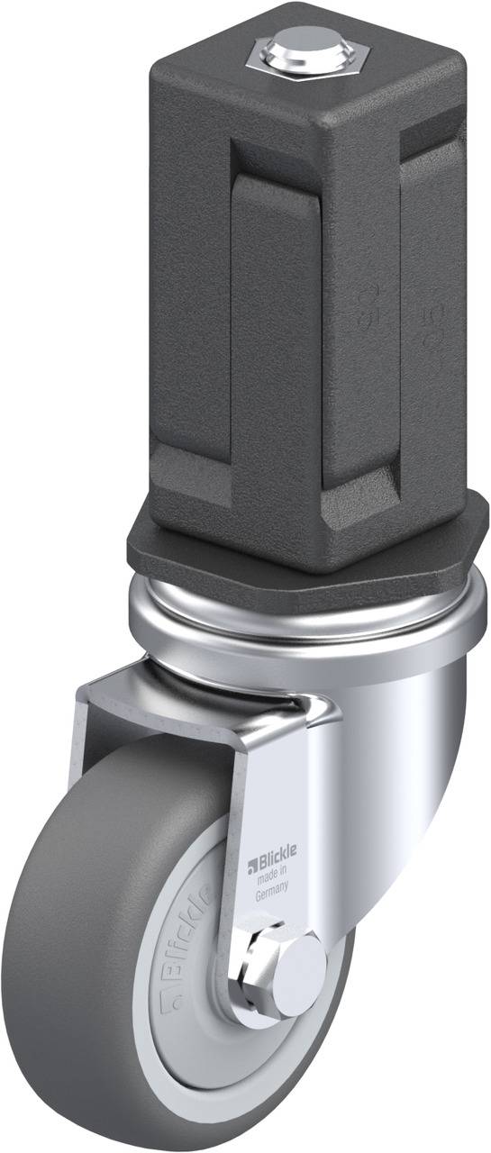 Grau-schwarze Schwerlastrolle mit rechteckigem Befestigungssockel und glatter Lauffläche, geeignet für industrielle Anwendungen.