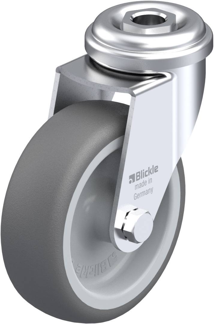 Grauschwarzes Lenkrolle mit Metallhalterung. Markiert mit 'Blickle made in Germany'. Verwendet für Transportwagen und Möbel.