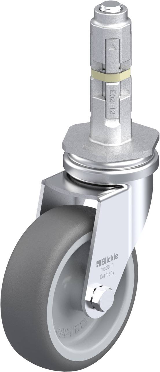 Rollenrad mit Metallhalterung und grauem Reifen, oben ein drehbarer Mechanismus. Auf der Halterung steht 'Blickle Made in Germany'.