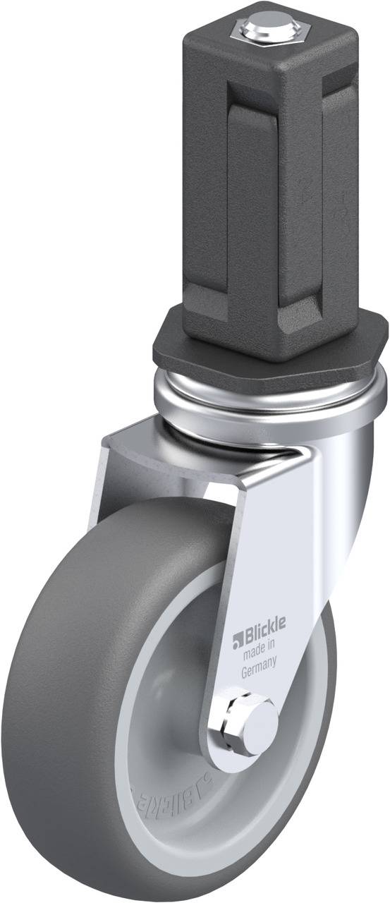 Eine graue Raddrehrolle mit einer schwarzen Aufnahmehülse, geeignet für Möbel oder Transportgeräte.