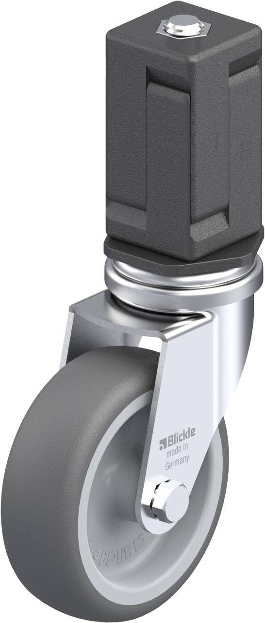 Graue Lenkrolle mit Metallgehäuse, rechteckiger Befestigungsplatte und Markierung 'Blickle, Made in Germany'. Geeignet für Möbel.