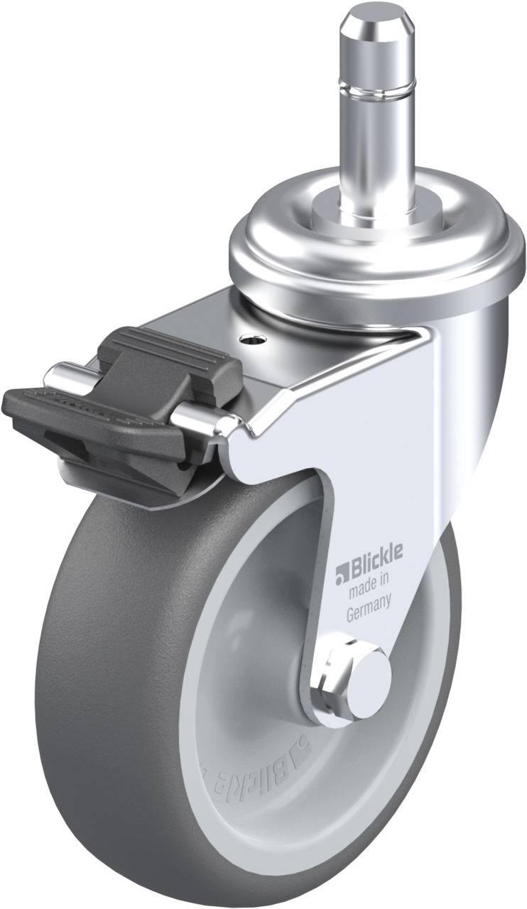 Grau-schwarzes Lenkrolle mit Bremse, metallischer Gabel und Stift zur Befestigung, seitlich mit Aufschrift 'Blickle Made in Germany'.