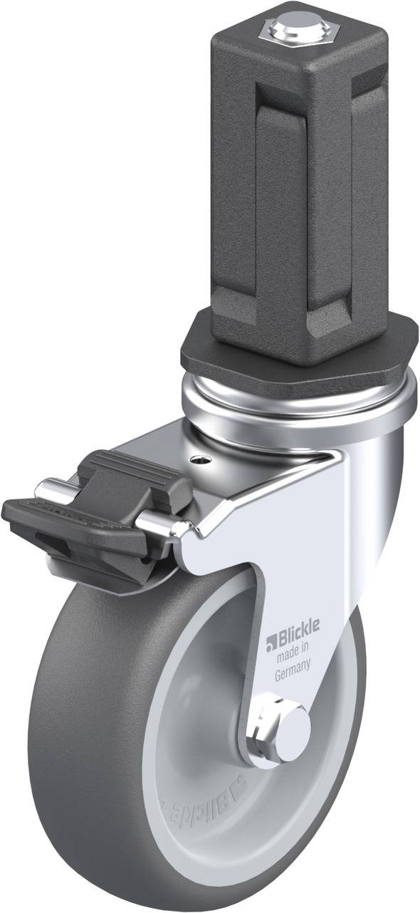 Metallisches Lenkrad mit grauem Gummi, Bremsmechanismus und sechseckiger Montageplatte. Marke 'Blickle', geeignet für Möbel oder Industrieanwendungen.