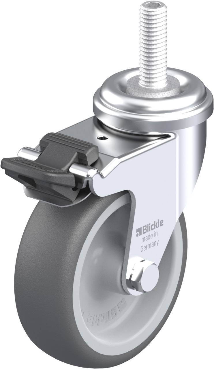 Rolle mit grauem Rad und silbernem Gehäuse, ausgestattet mit einem Stift für Befestigung. Aufschrift: 'Blickle made in Germany'.