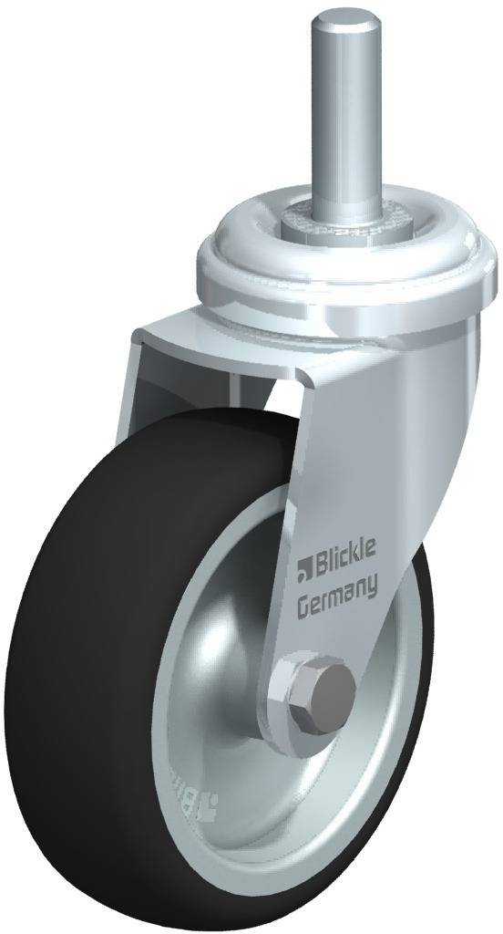 Rollenrad mit schwarzem Gummi und silbernem Gehäuse, geeignet für Transportwagen, Markierung 'Blickle Germany'.