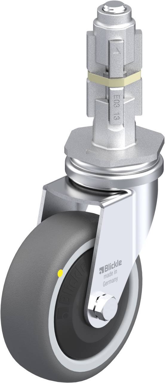 Graue Transportrolle mit drehbarem Kopf, Metallgehäuse und Gummirad, hergestellt von Blickle in Deutschland.