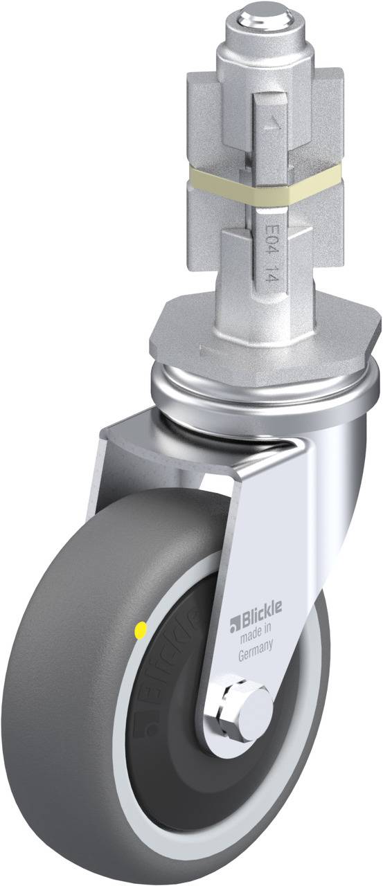 Graue Lenkrolle mit Befestigungselement, glänzende Metallelemente, Eindruck 'Blickle, Made in Germany' auf der Seite des Rads.