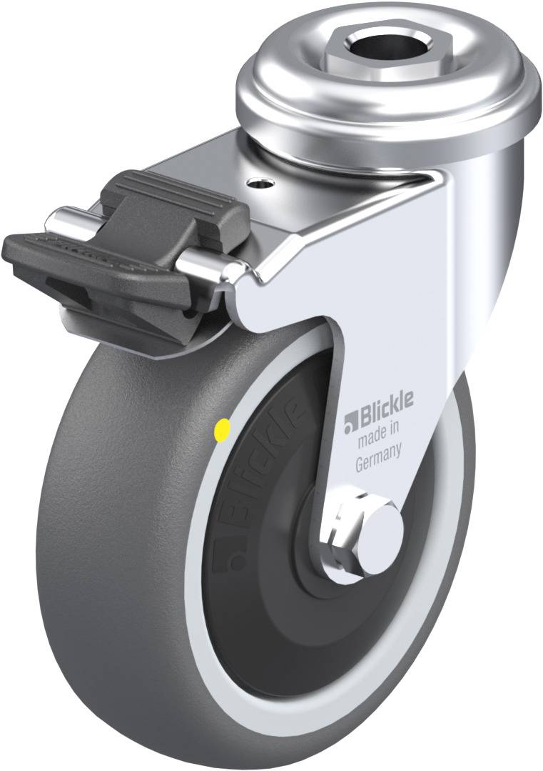 Schwenkrolle mit grauem Gummirad und silbernem Gehäuse, Markenname 'Blickle' auf der Seite, glänzendes Metall, Stopper oben sichtbar.