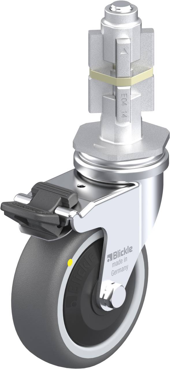 Industrie-Lenkrolle mit Bremse aus Metall und Kunststoff, hergestellt in Deutschland, zeigt robustes Design für schwere Lasten.