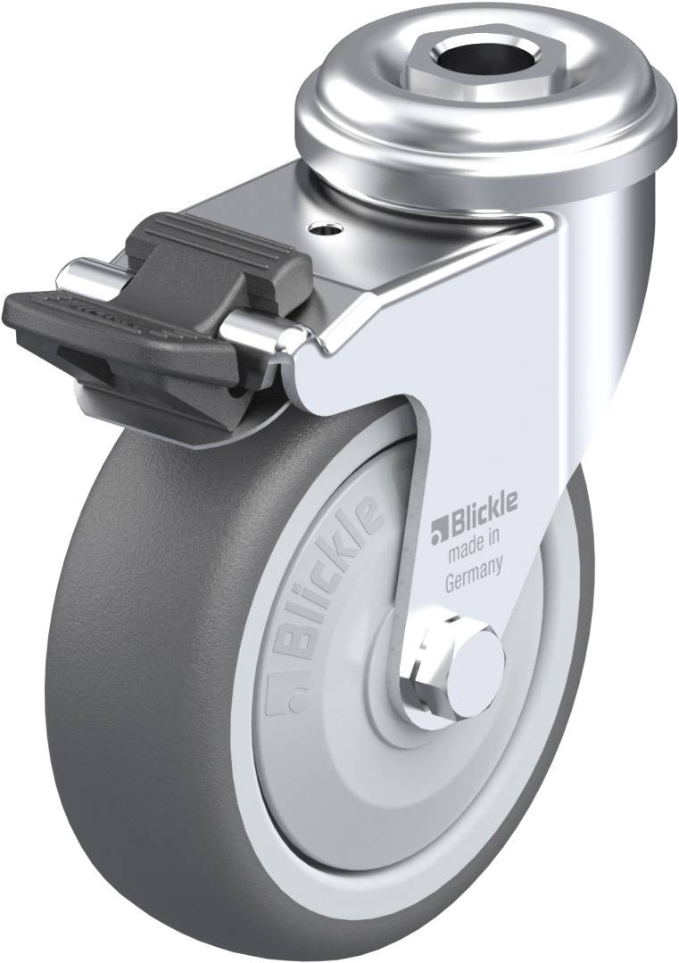 Graues, schwenkbares Rollenrad mit Bremse, beschriftet mit 'Blickle made in Germany'. Hauptsächlich zur Verwendung an Möbeln oder Wagen.