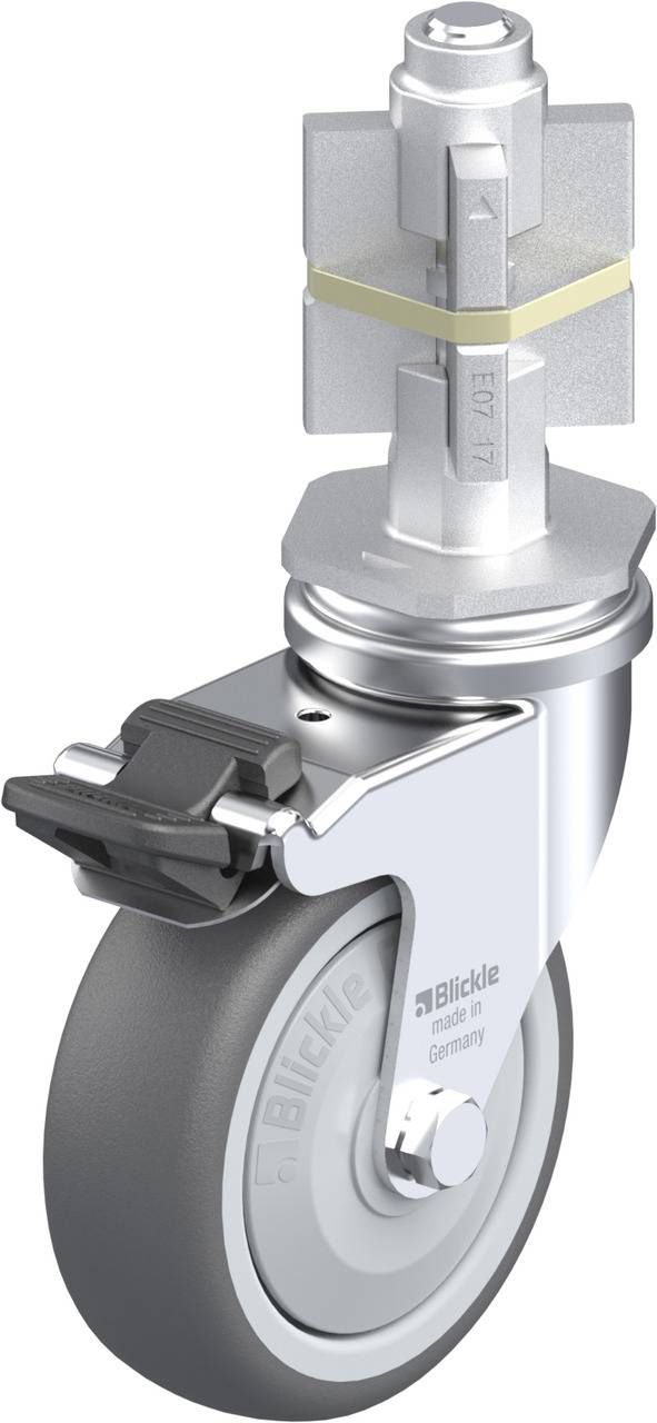 Graues Schwerlastlenkrolle mit robustem Gehäuse und Bremse. Markiert mit 'Blickle', Metallgehäuse darauf.