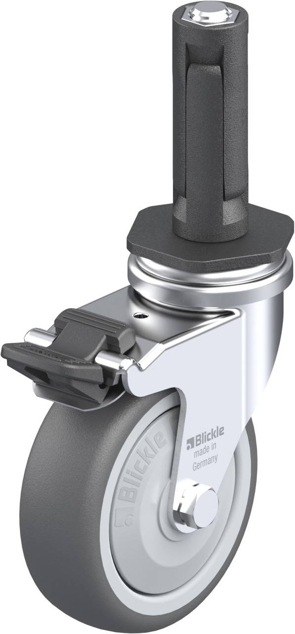Lenkrolle mit grauem Rad und schwarzem Halter; inklusive Feststellbremse. Ideal für bewegliche Möbel oder Geräte.