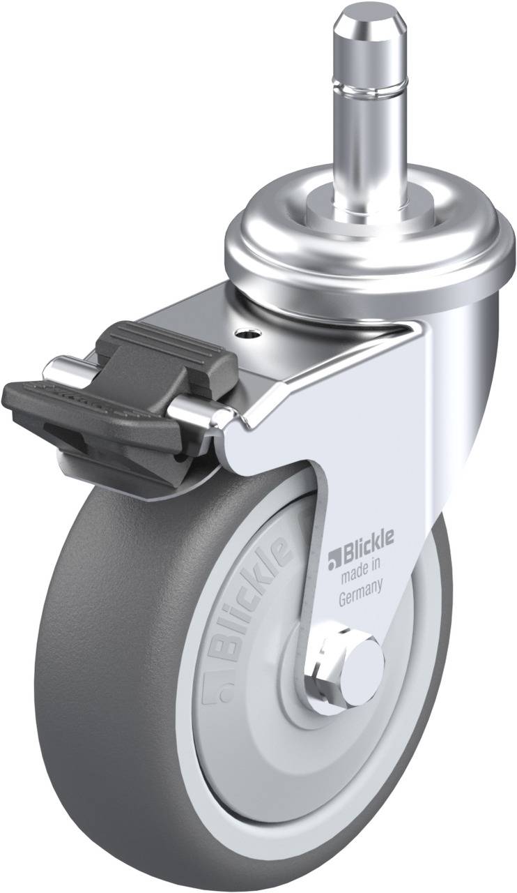 Lenkrolle aus Metall und Kunststoff, mit Bremse. Schlichtes, funktionales Design, Produkt von Blickle, Herstellung in Deutschland.