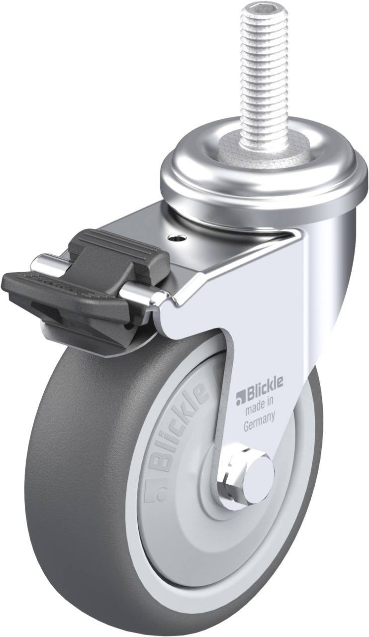 Rolle mit Bremsvorrichtung und grauem Rad aus Gummi, glänzende Metallhalterung, Schraubgewinde zur Befestigung, Aufschrift 'Blickle made in Germany'.