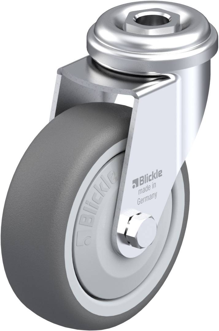 Lenkrolle mit grauem Rad und metallischer Halterung. Aufschrift 'Blickle, made in Germany' auf der Radfläche.