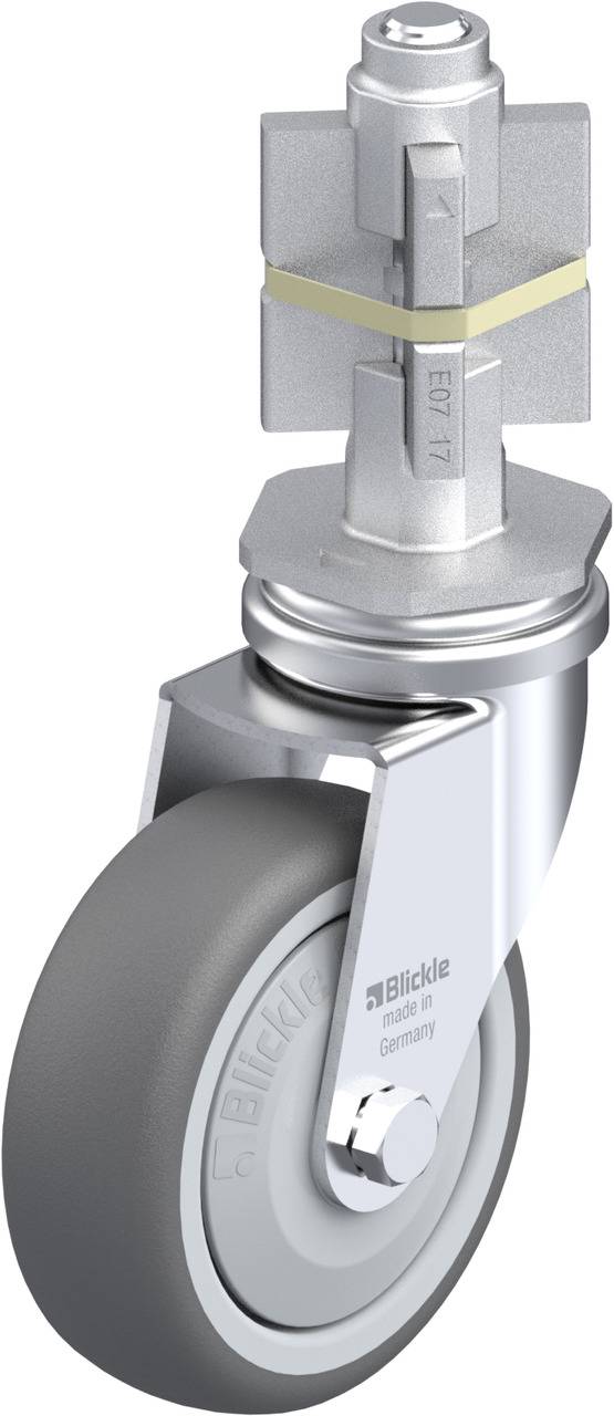 Metallisches Lenkrollenrad mit grauem Gummi, geeignet für Industrieanwendungen. Drehbarer Mechanismus oben, für vielseitige Beweglichkeit.