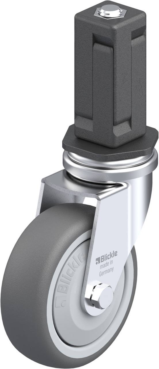 Grau-schwarzes Schwenkrollenrad mit Metallhalterung und Gleitlager, geeignet für Transportwagen.