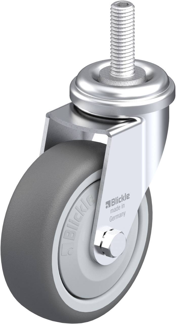 Industrie-Rolle mit grauem Rad und silbernem Gehäuse, Markenname 'Blickle', Aufschrift 'Made in Germany'.