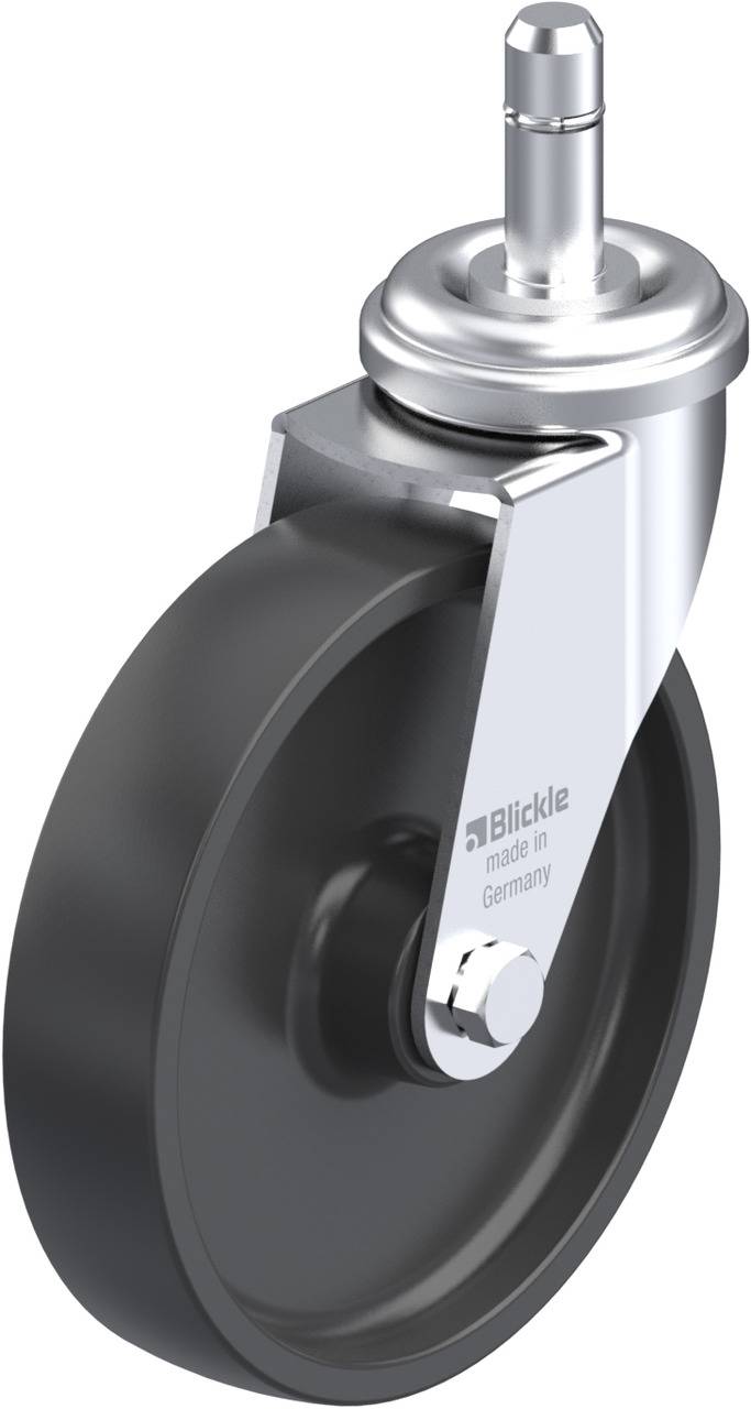 Schwenkrolle aus Metall mit schwarzem Gummirad, geeignet für Möbel oder Transportgeräte, Aufschrift 'Blickle made in Germany'.